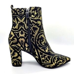 ShoeDazzle Olyvia Heeled Ankle Bootie Black Gold Embroidered Jacquard sz 10